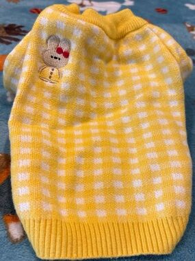 Yellow Gingham Knit Crewneck Pet Sweater with Bunny Motif